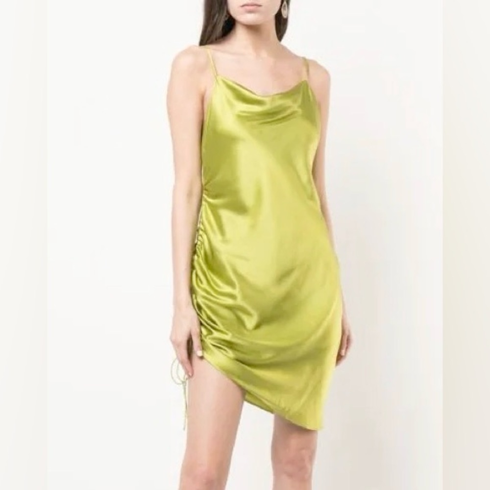 Cinq a Sept Astrid Silk Ruched Mini Dress Periot Lime Green 8 Wedding Cocktail